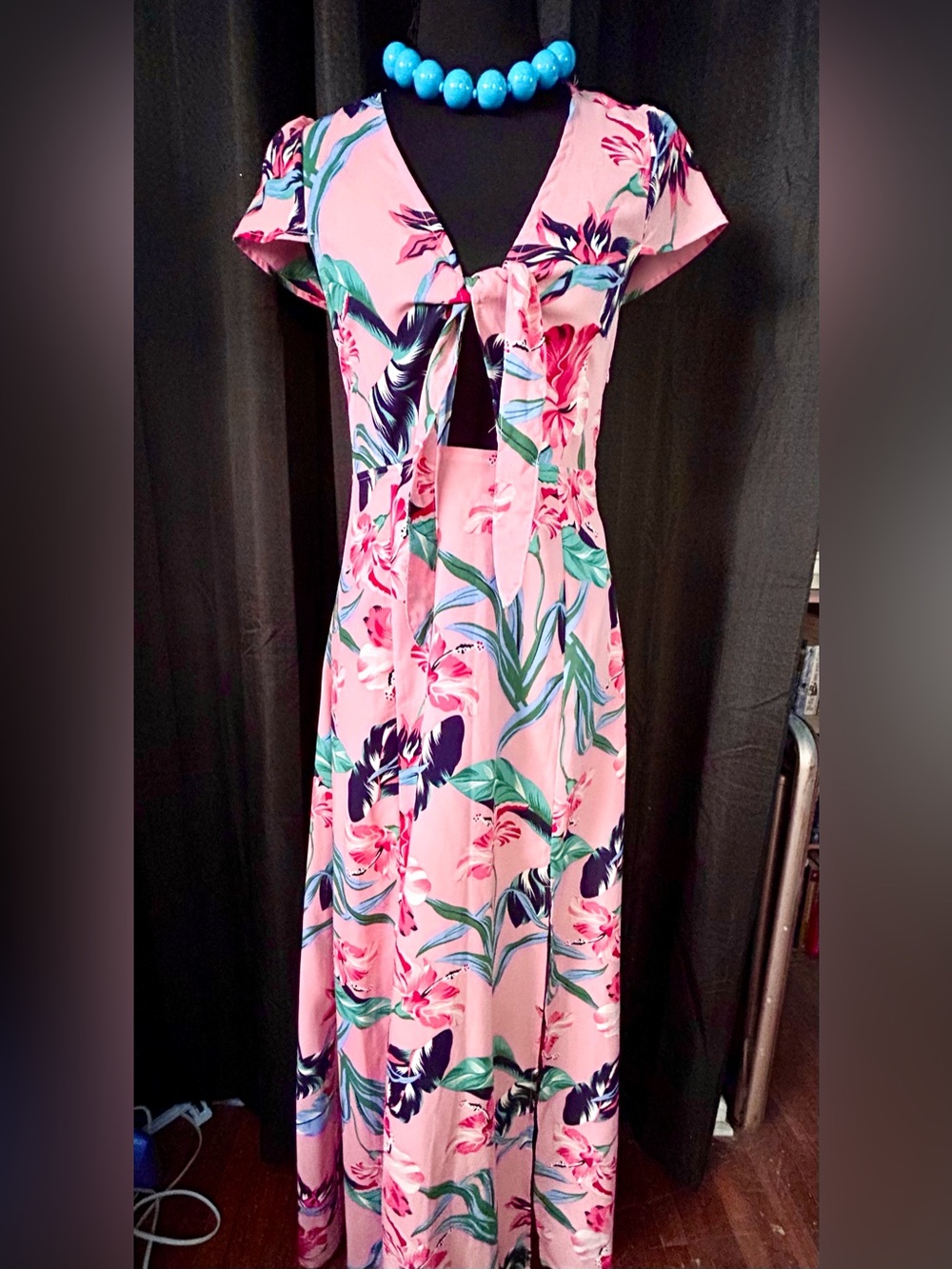 Love + Harmony Pink Hibiscus Floral Cut Out Tie Front Maxi Dress, Size S